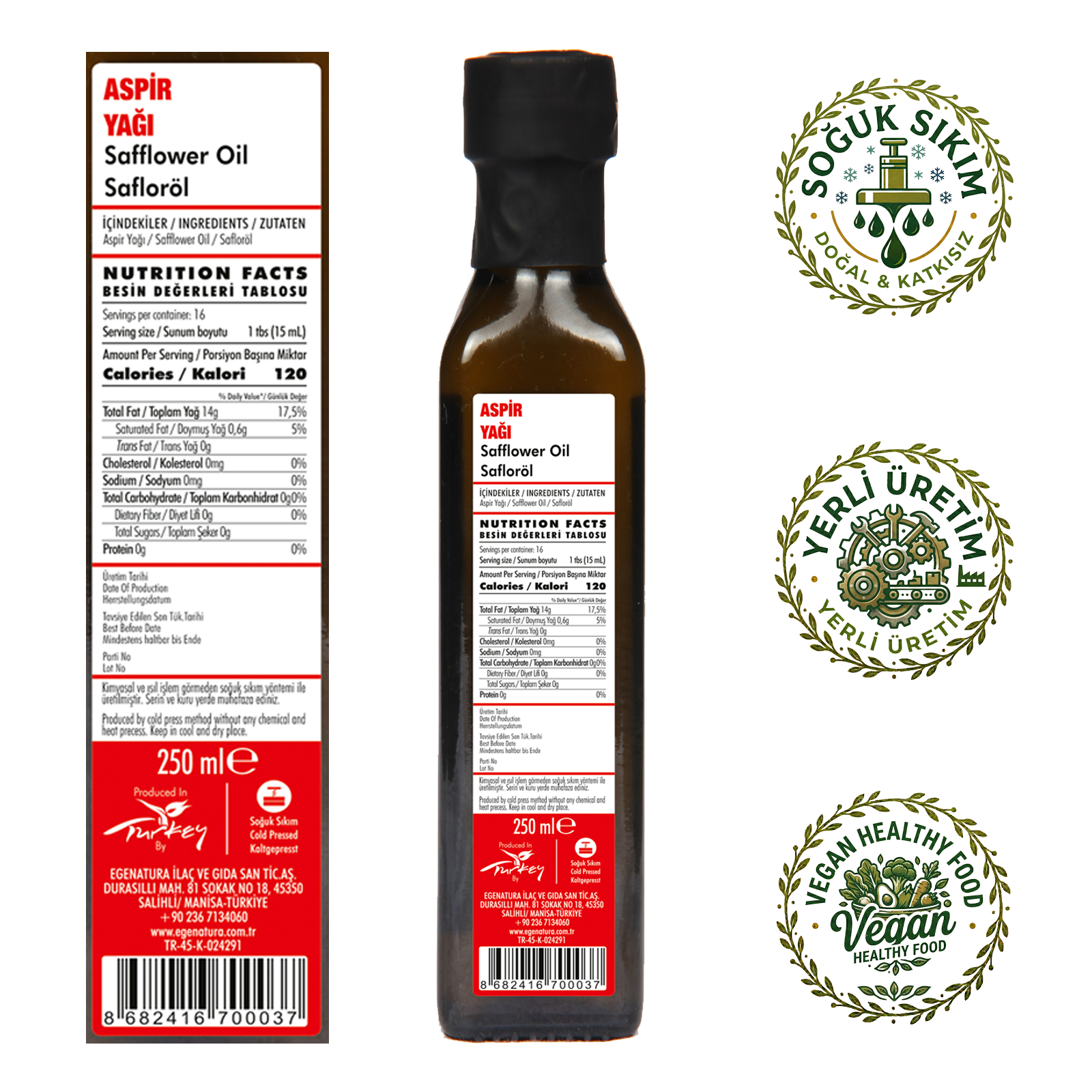 İNCELİK Aspir Tohumu Yağı 250 ml Cam Şişe Soğuk Sıkım