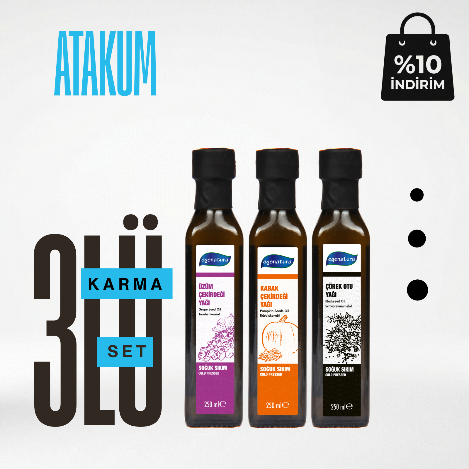 Atakum :Çörek Otu + Kabak Çek.+ Üzüm Çek. Yağı 3x 250 Ml Cam şişe Soğuk Sıkım