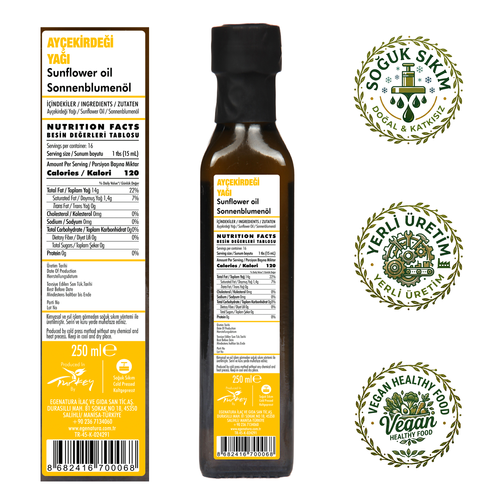 GÜNEBAKAN Ay Çekirdeği Yağı 250 ML Cam Şişe Soğuk Sıkım