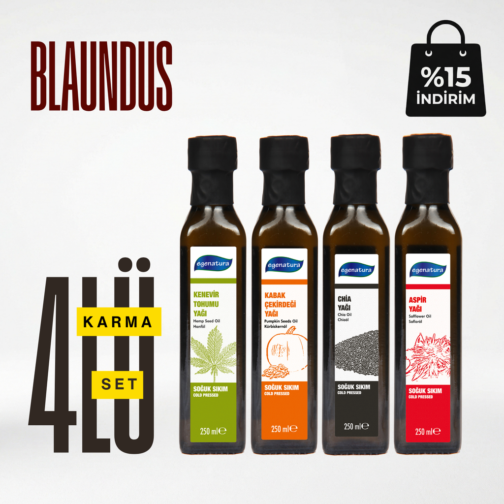 Blaundus: Kenevir +Kabak Çek.+ Chia +Aspir Yağı 4 x 250 ML Cam Şişe Soğuk Sıkım