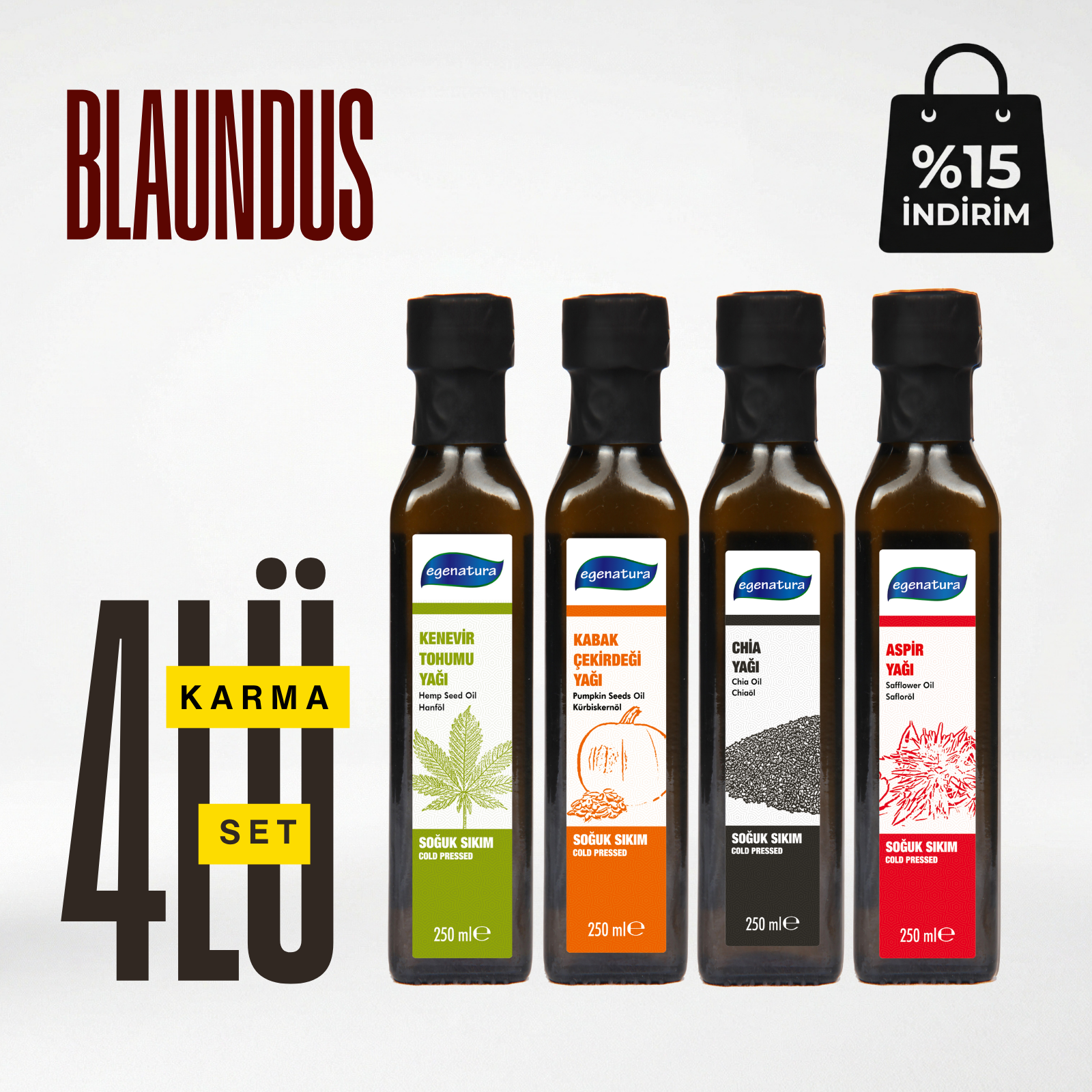 Blaundus: Kenevir +Kabak Çek.+ Chia +Aspir Yağı 4 x 250 ML Cam Şişe Soğuk Sıkım