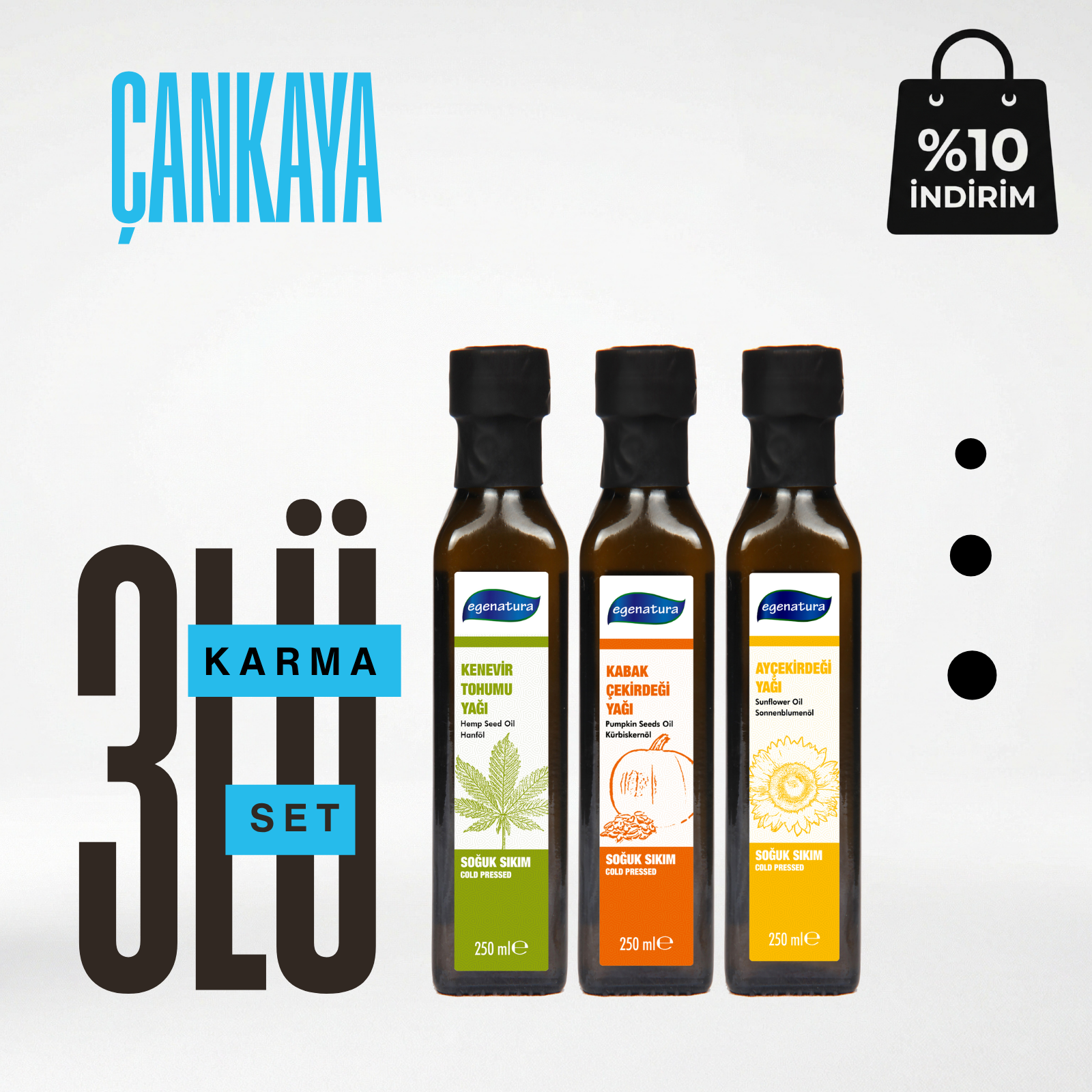 Çankaya : Kenevir +Kabak Çek.+Ayçiçek Yağı 3x 250 Ml Cam şişe Soğuk Sıkım