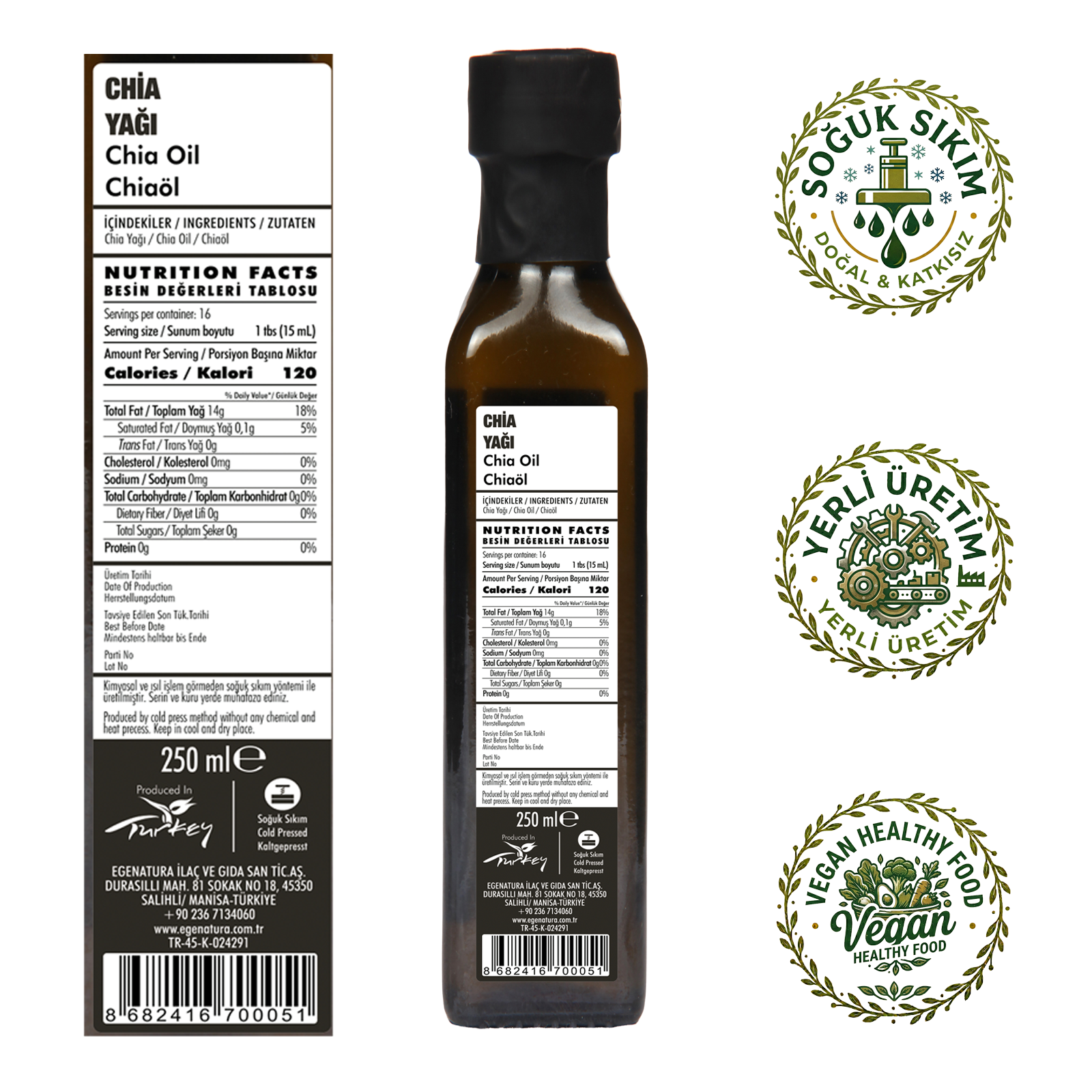 AZTEK RÜZGARI Chia Tohumu Yağı 250 ml Cam Şişe  Soğuk Sıkım