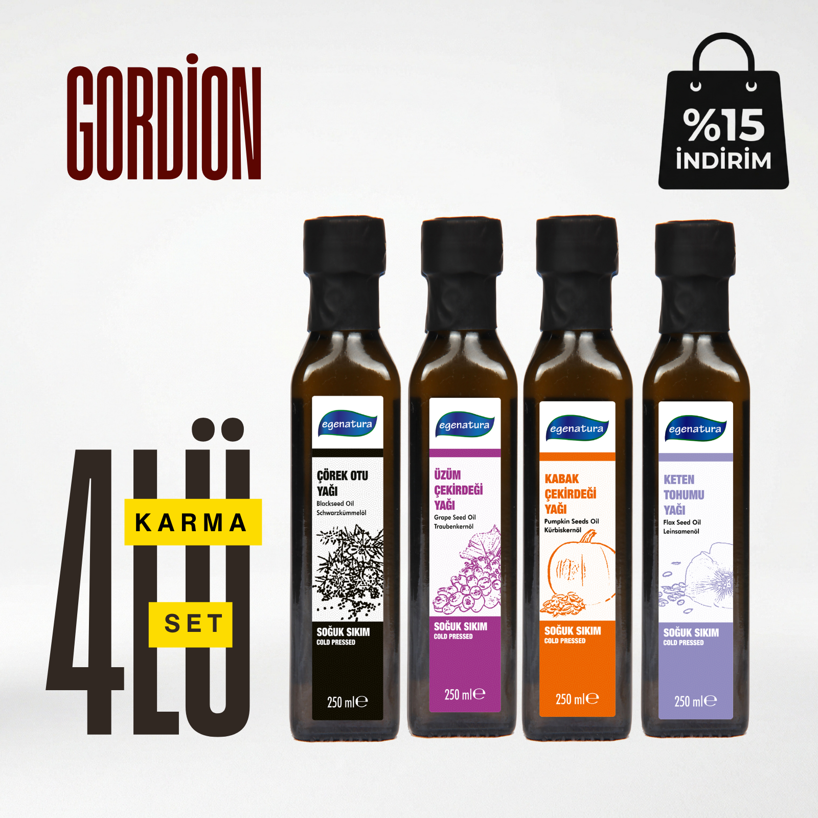 Gordion:Çörekotu + Üzüm Çek. + Kabak Çek.+Keten Yağı 4 x 250 ML Cam Şişe Soğuk Sıkım