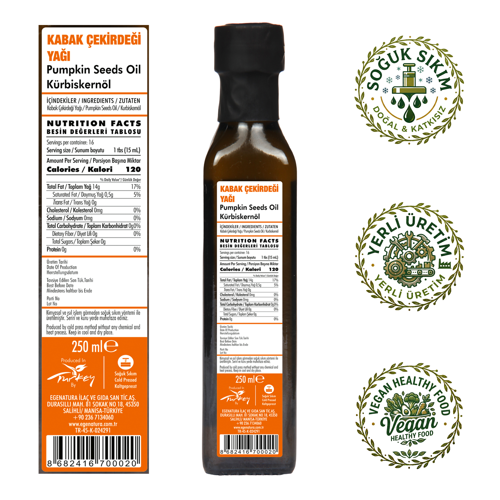 ERİL RAHATLIK Kabak Çekirdeği Yağı 250 ml Cam Şişe Soğuk Press