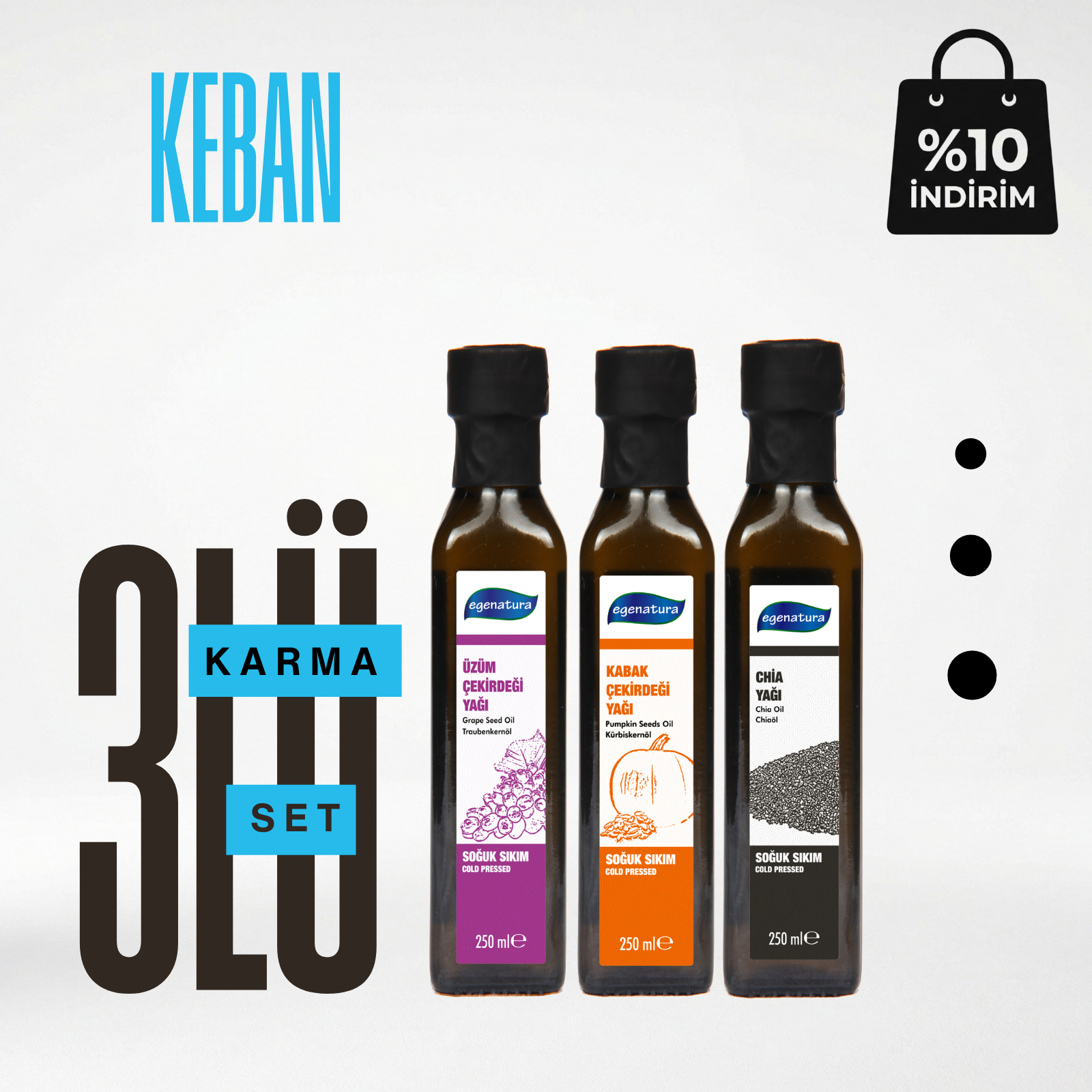 Keban: Üzüm Çek.+Kabak Çek.+Chia Yağı 3x 250 ML Cam Şişe Soğuk Sıkım