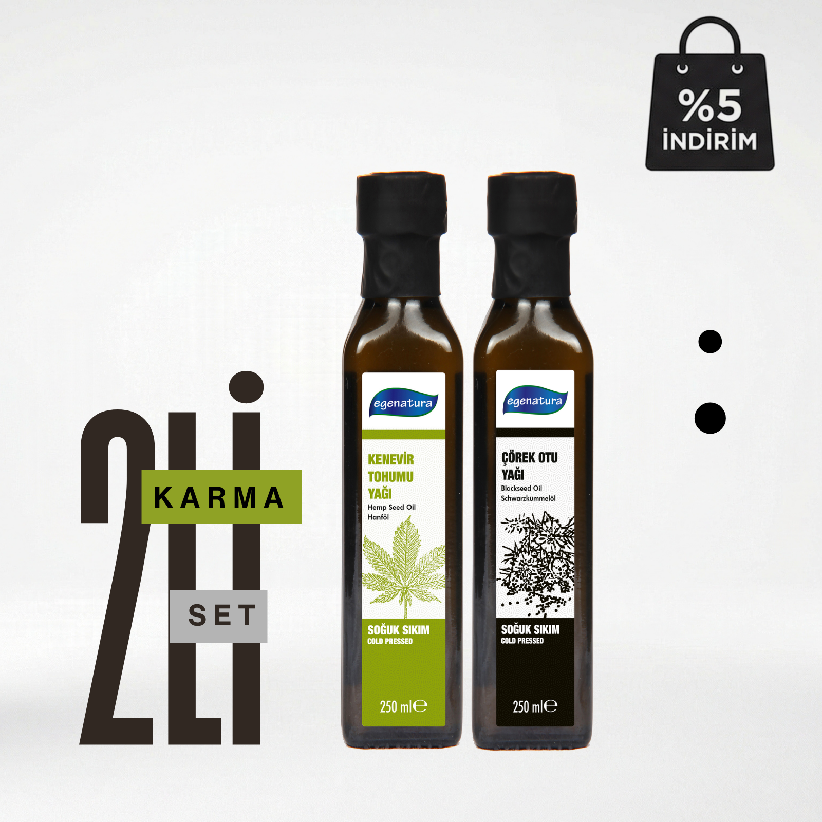 Kenevir Tohumu Yağı  + Çörek Otu Yağı Cam Şişe Soğuk Sıkım 2x 250 Ml Cam Şişe