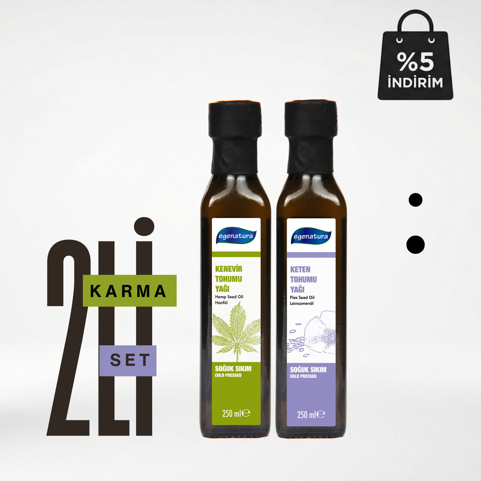 Kenevir Tohumu Yağı  + Keten Tohumu Yağı Cam Şişe Soğuk Sıkım 2x 250 Ml Cam Şişe