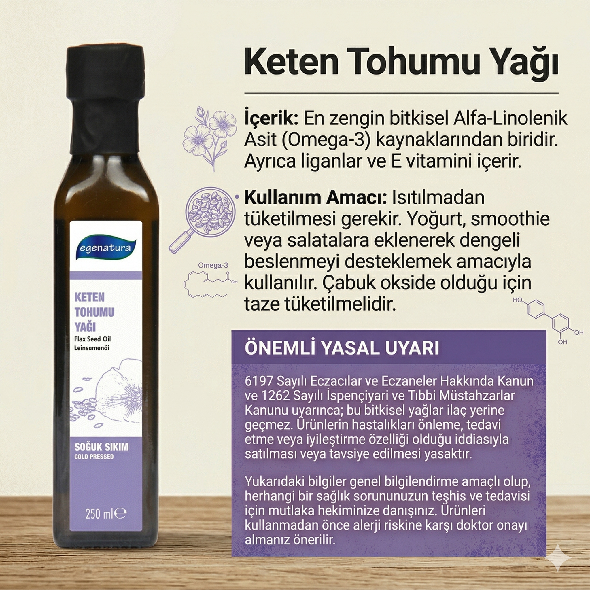 DENGELİ BÜNYE Keten Tohumu Yağı 250 ml Cam Şişe Soğuk Sıkım