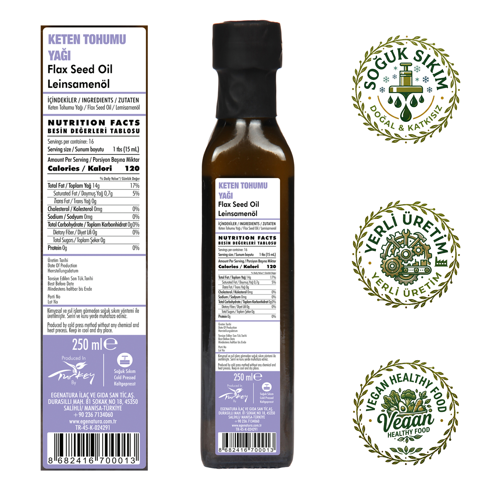 DENGELİ BÜNYE Keten Tohumu Yağı 250 ml Cam Şişe Soğuk Sıkım