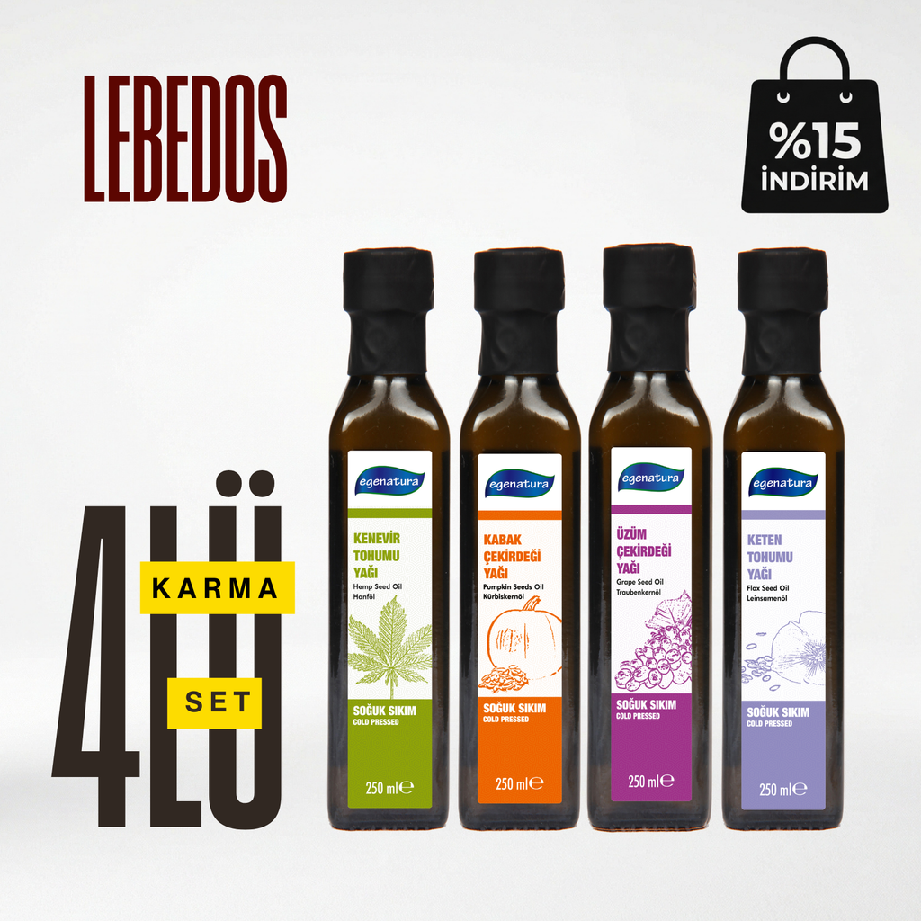 Lebedos: Kenevir +Kabak Çek.+ Üzüm Çek.+Keten Yağı 4 x 250 ML Cam Şişe Soğuk Sıkım