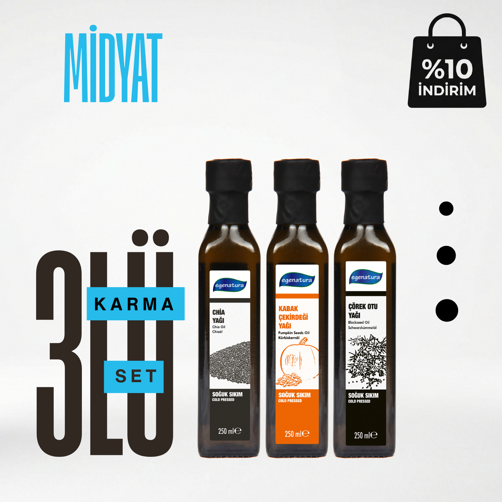 Midyat :Çörek Otu + Kabak Çek.+Chia Yağı 3x 250 Ml Cam Şişe Soğuk Sıkım