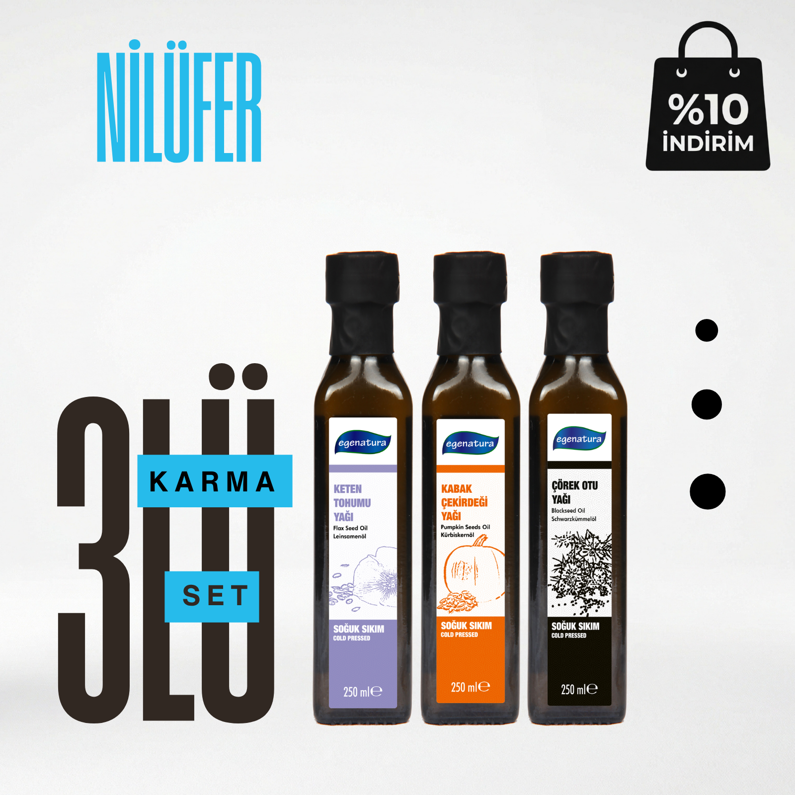 Nilüfer : Keten +Kabak Çek.+Çörek Otu Yağı 3x 250 Ml Cam şişe Soğuk Sıkım