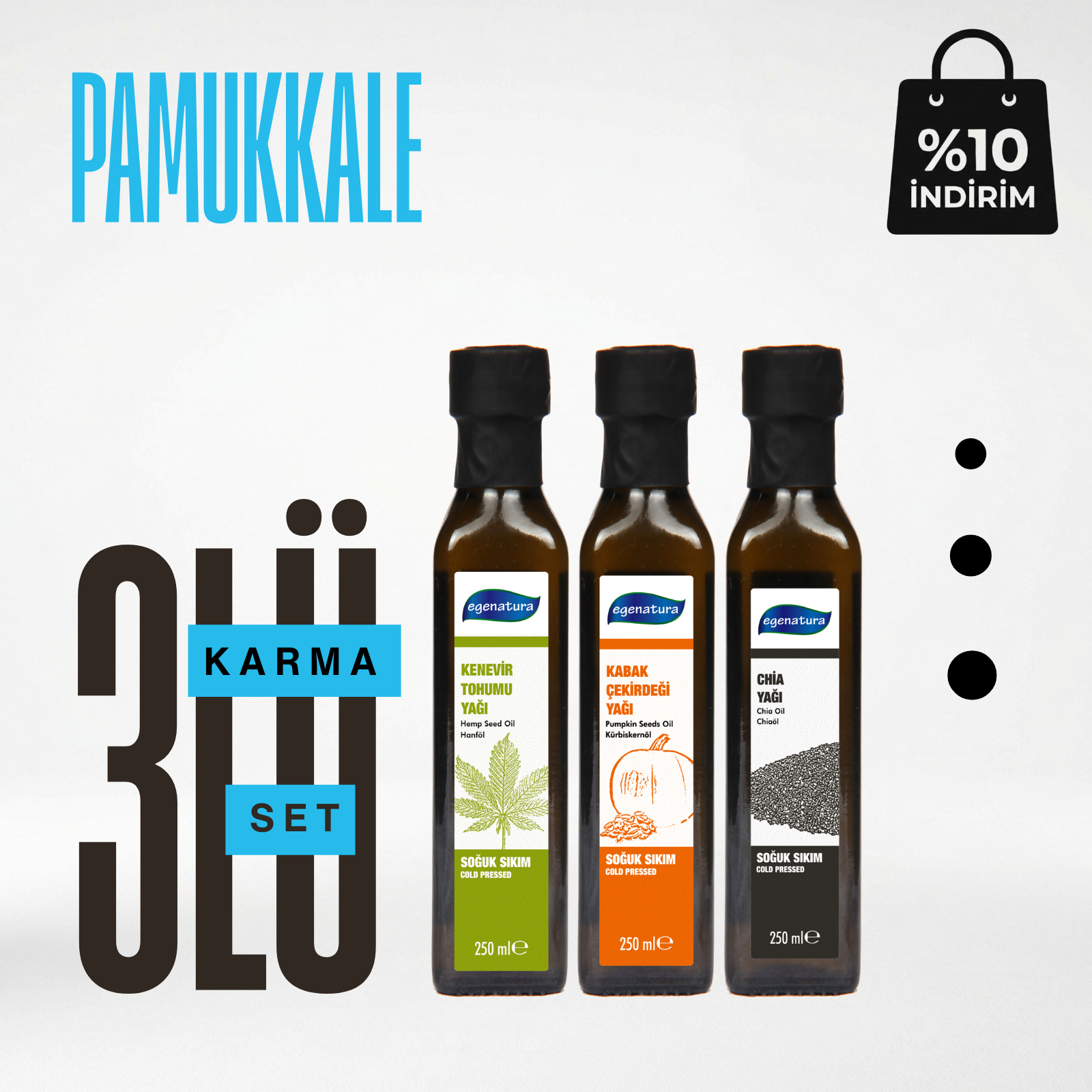 Pamukkale : Kenevir +Kabak Çek.+Çhia Yağı 3x 250 Ml Cam şişe Soğuk Sıkım