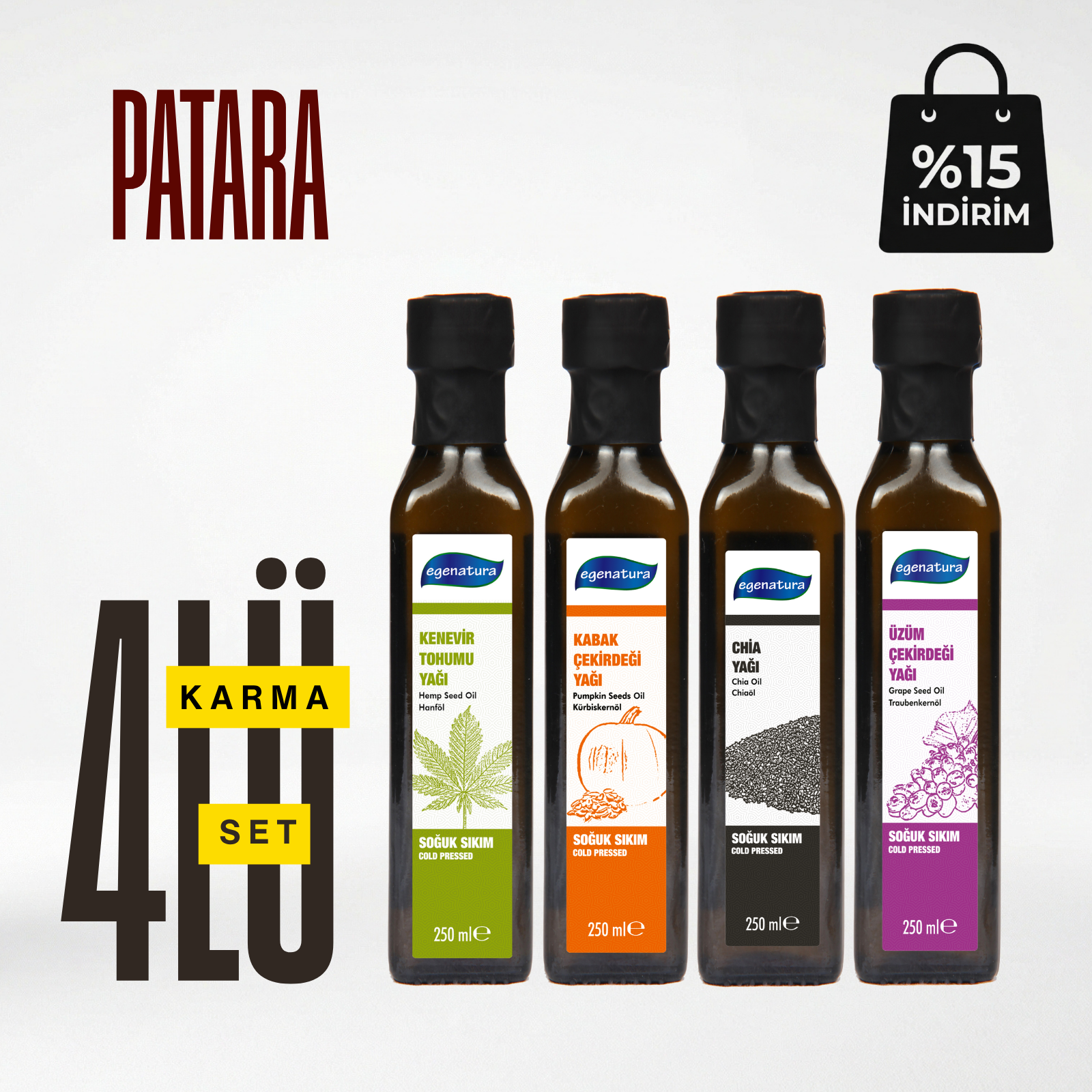 Patara : Kenevir +Kabak Çek.+ Chia +Üzüm Çek. Yağı 4 x 250 ML Cam Şişe Soğuk Sıkım