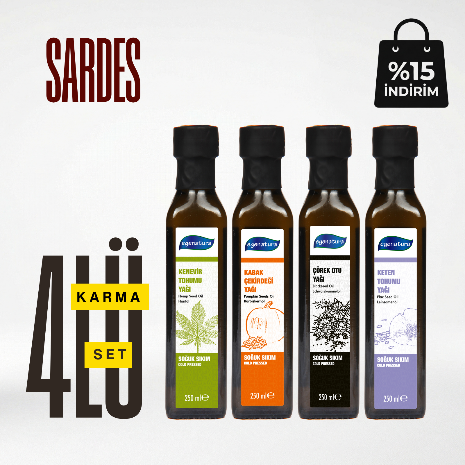 Sardes: Kenevir +Kabak Çek.+ Çörekotu+Keten Yağı 4 x 250 ML Cam Şişe Soğuk Sıkım