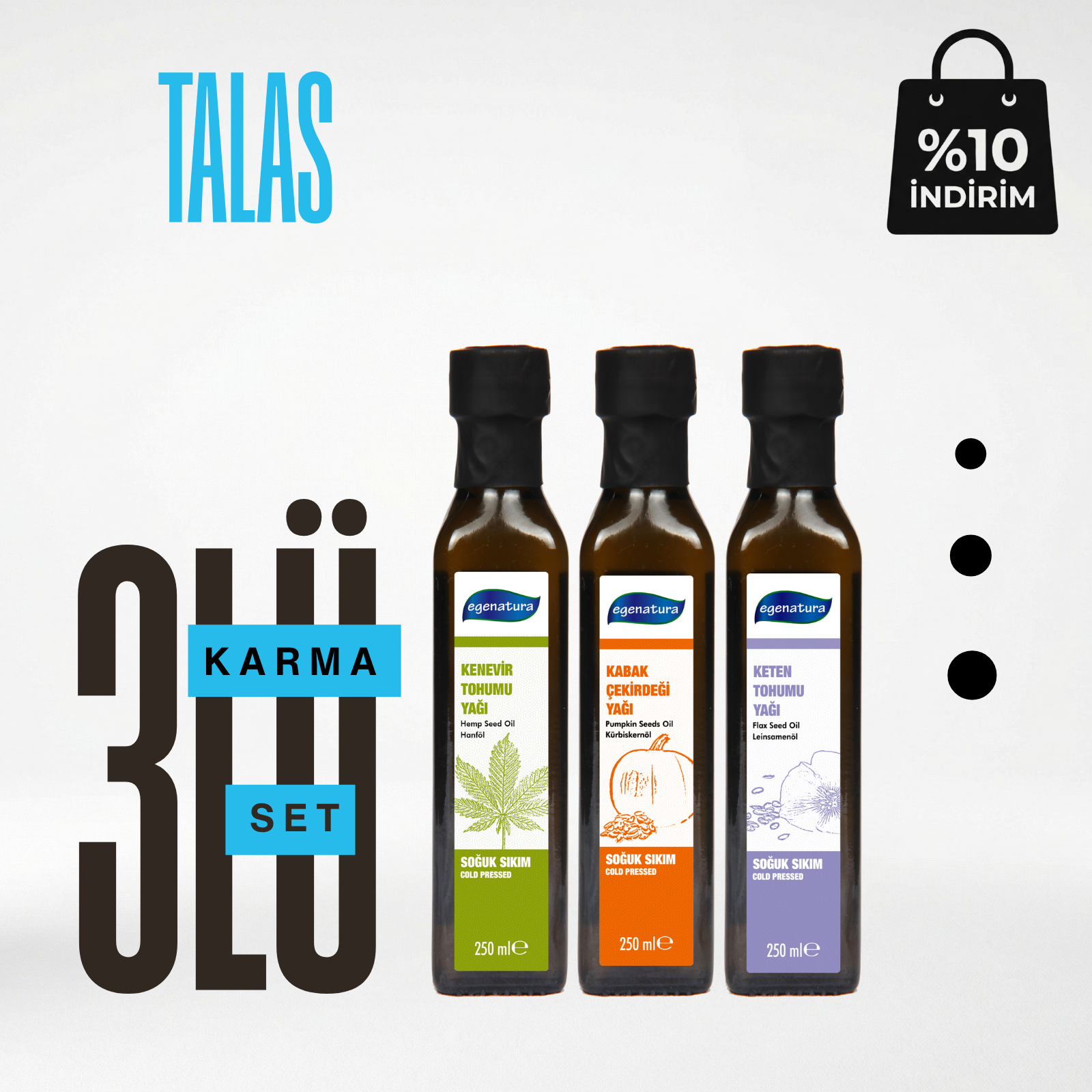 Talas : Kenevir +Kabak Çek.+Keten Yağı 3x 250 Ml Cam şişe Soğuk Sıkım