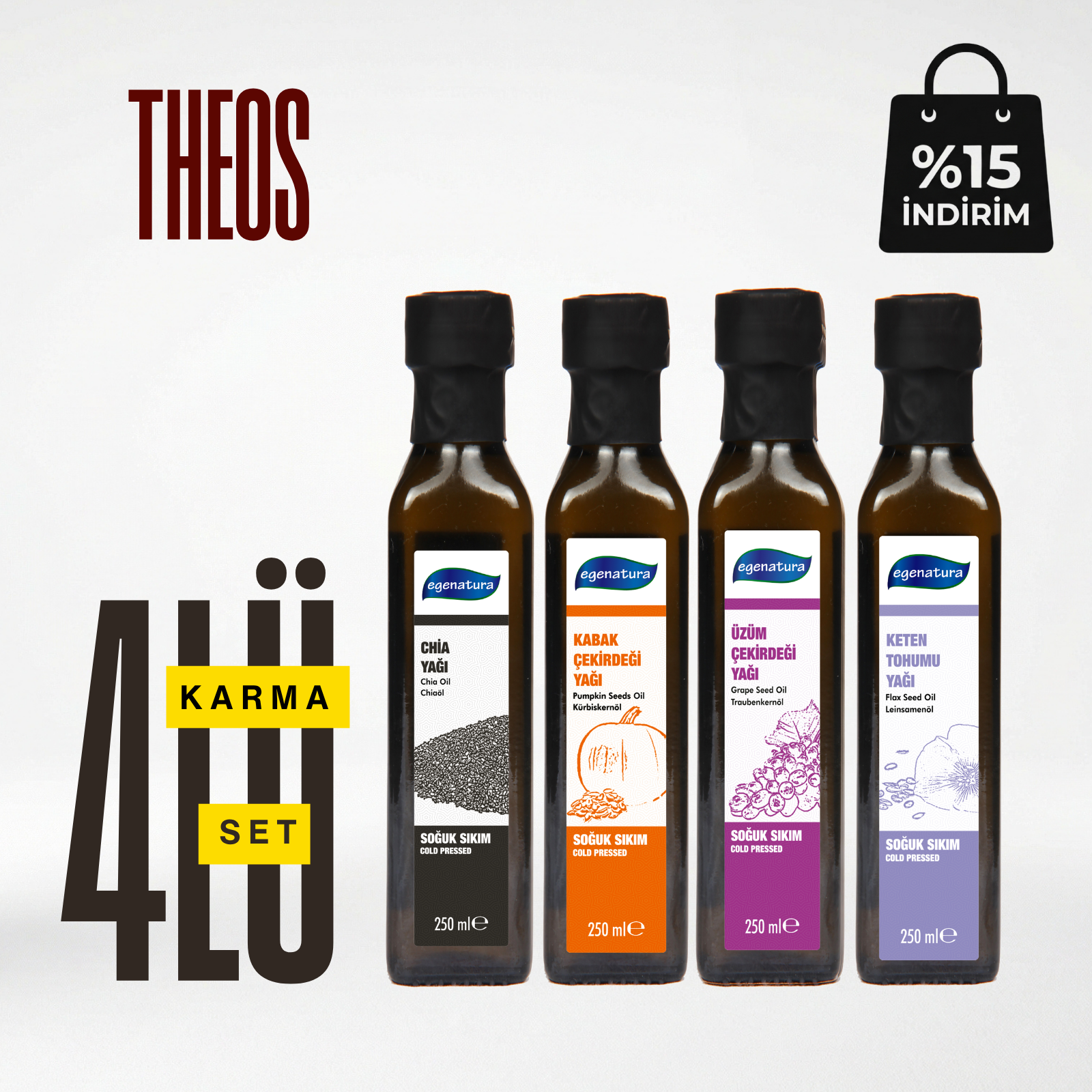Teos : Chia +Kabak Çek.+ Üzüm Çek. +Keten Yağı 4 x 250 ML Cam Şişe Soğuk Sıkım