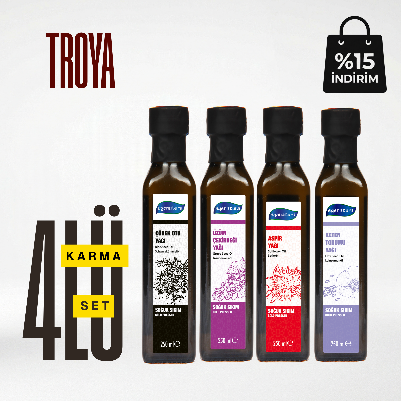 Troya: Çörekotu + Üzüm Çek.+ Aspir +Keten Yağı 4 x 250 ML Cam Şişe Soğuk Sıkım