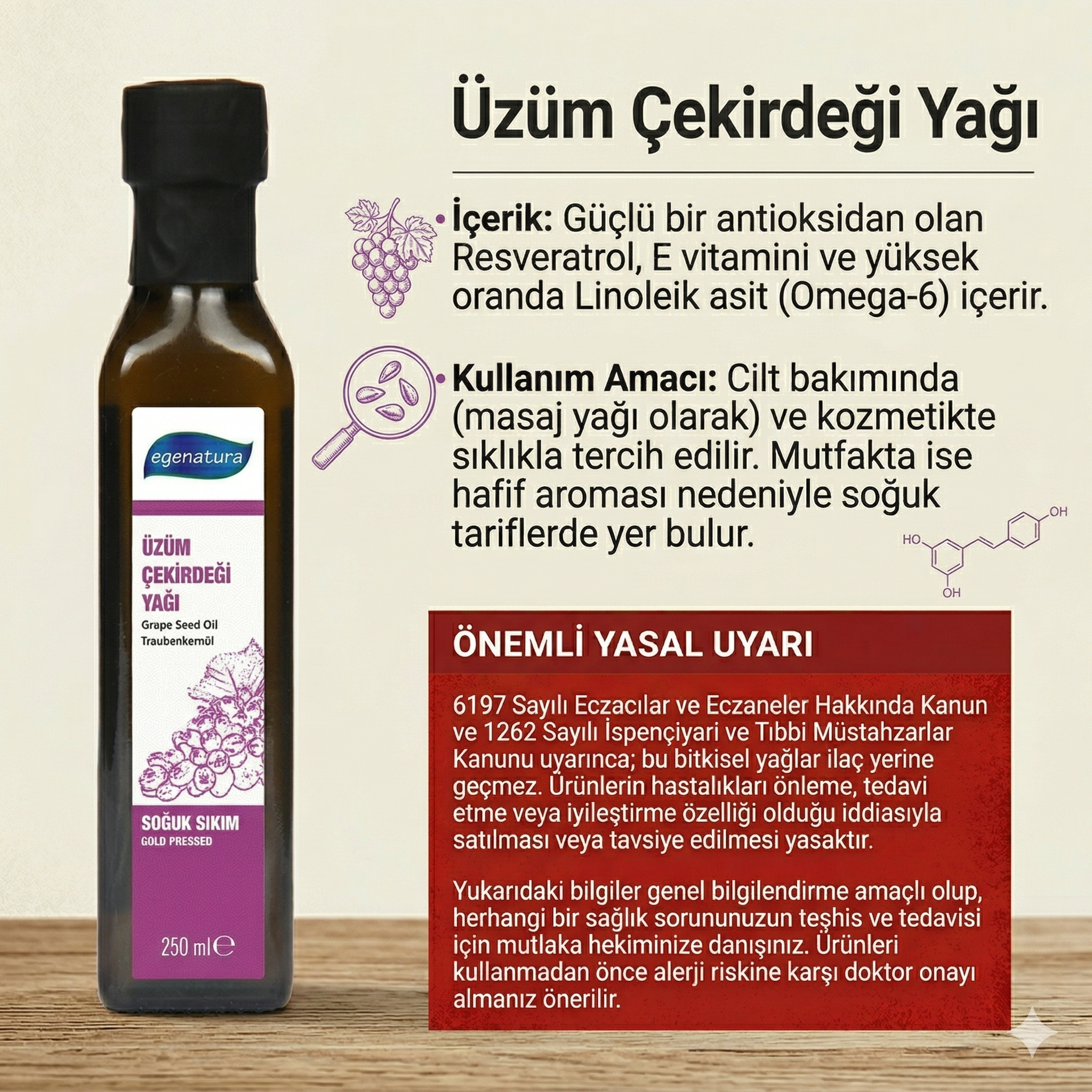 EGE NEFESİ Üzüm Çekirdeği Yağı 250 ml Cam Şişe Soğuk Press