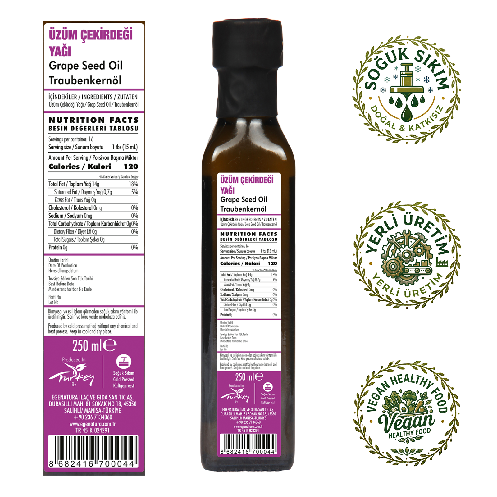 EGE NEFESİ Üzüm Çekirdeği Yağı 250 ml Cam Şişe Soğuk Press