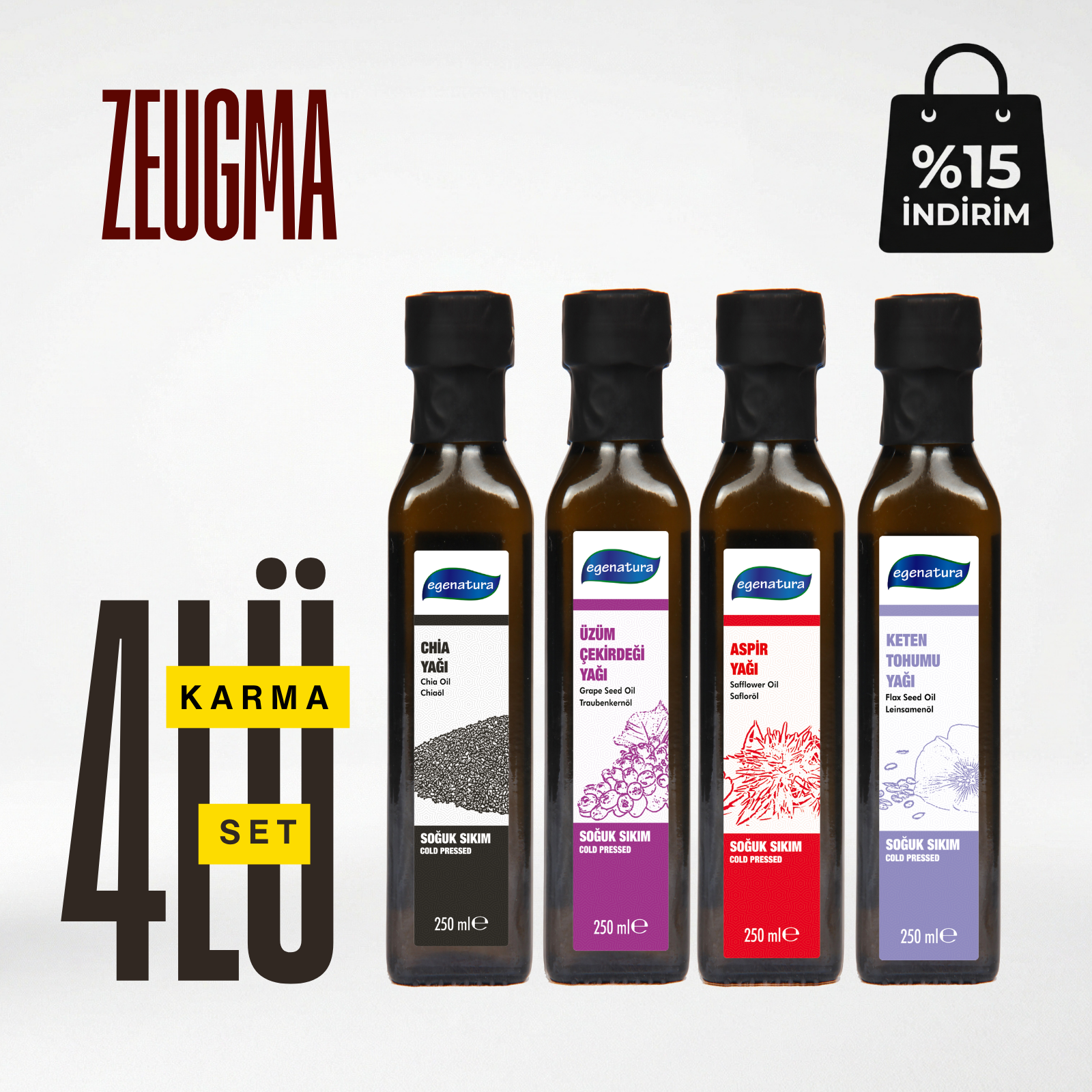 Zeugma : Chia +Üzüm Çek.+ Aspir +Keten Yağı 4 x 250 ML Cam Şişe Soğuk Sıkım